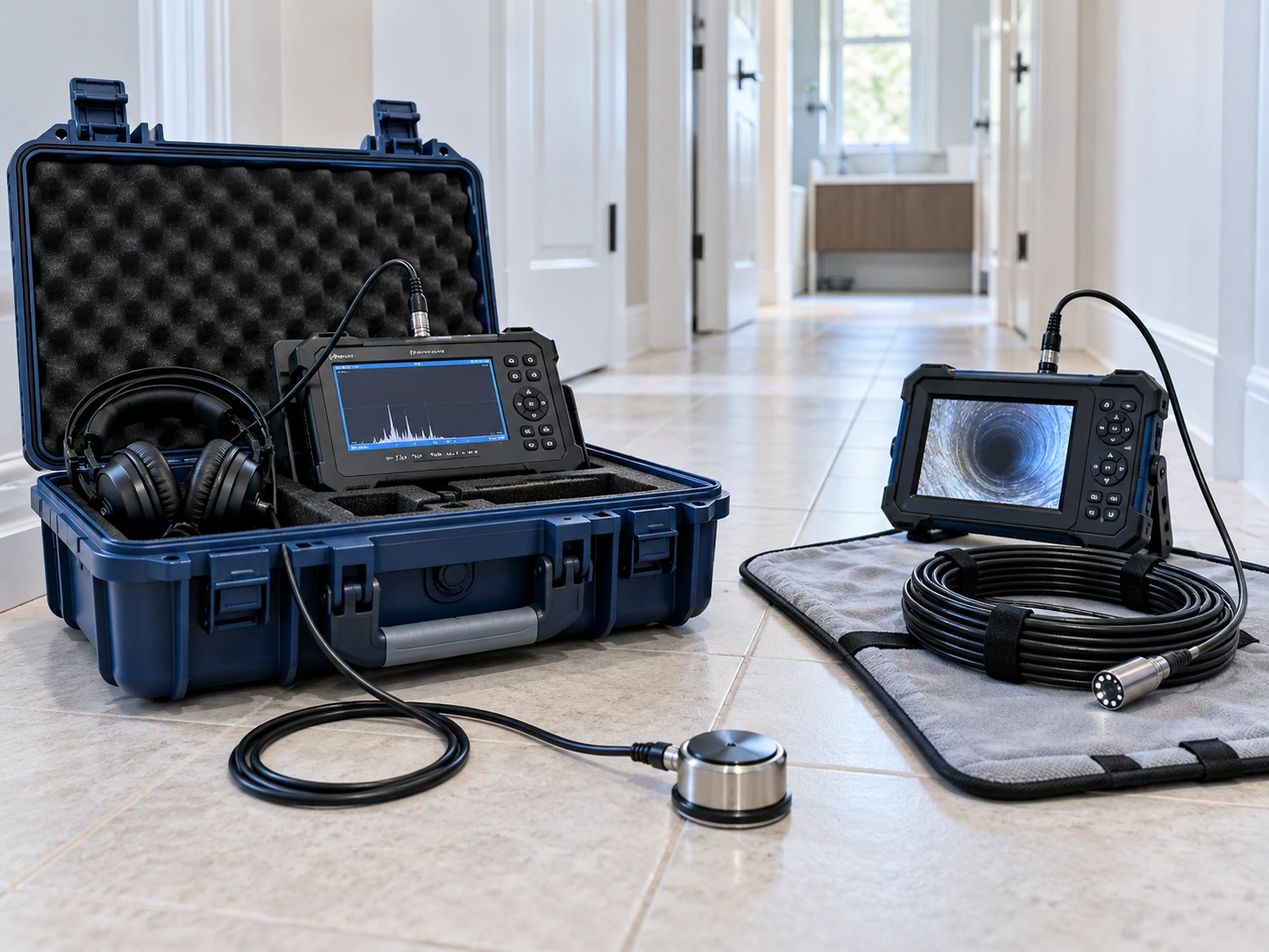 Imagem ilustrativa de geofone, sensor acústico e equipamentos de vídeo inspeção